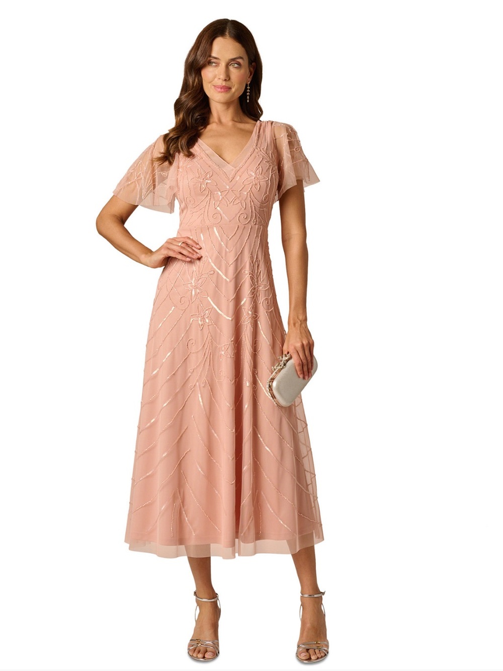 Adrianna Papell Beaded Mesh Embellished Flutter Sleeve V Neck Dress Pink Blush 4